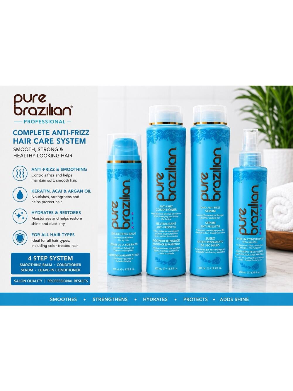 Pure Brazilian Anti-Frizz Hair Care Set Conditioner Serum Leave-In Balm 4 Pc
